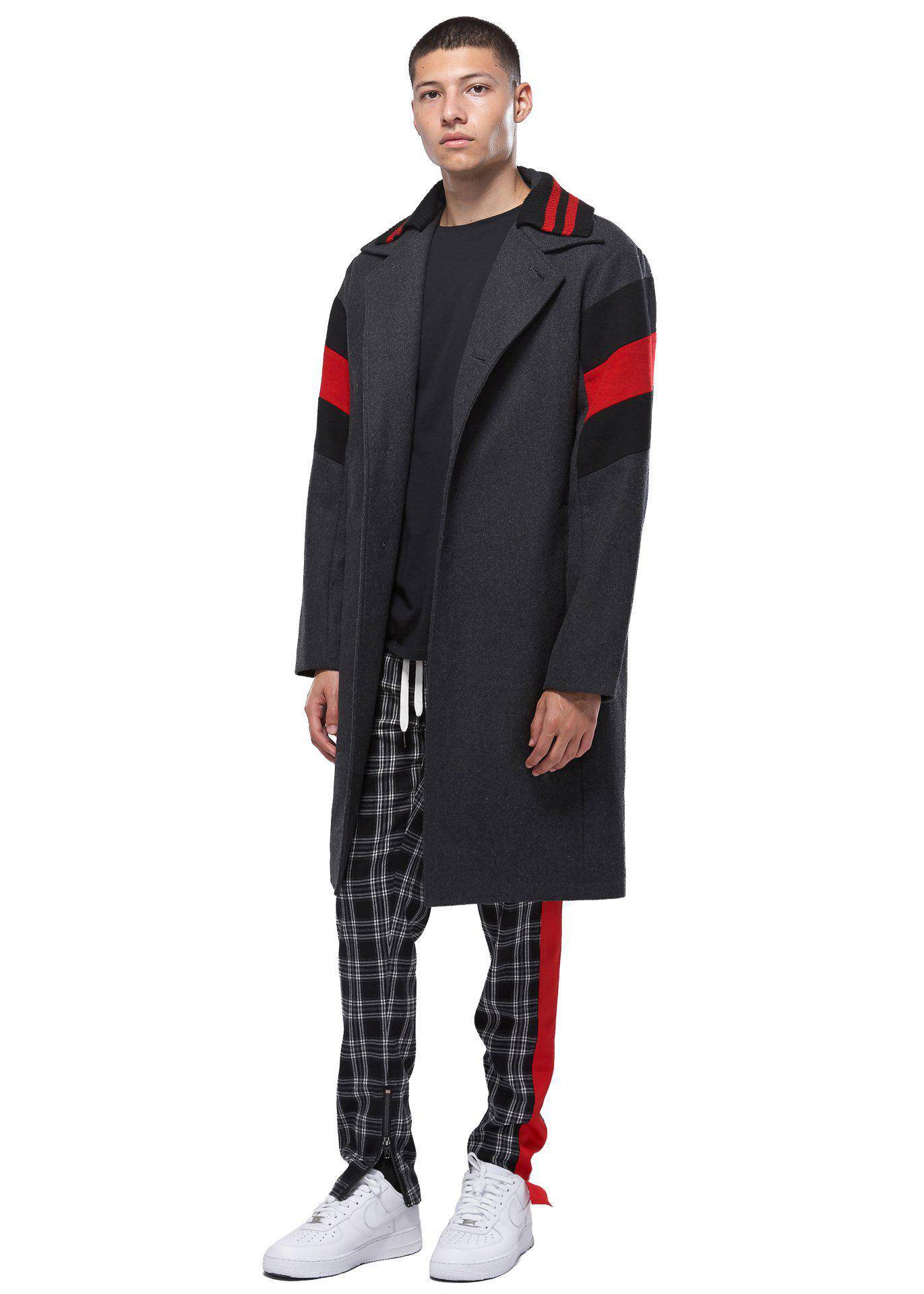 Konus Men's Wool Blend Long Coat with Contrast Stripes in Charcoal