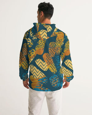 Men's Windbreaker, Blue Geometric Style Men's Hooded Jacket
