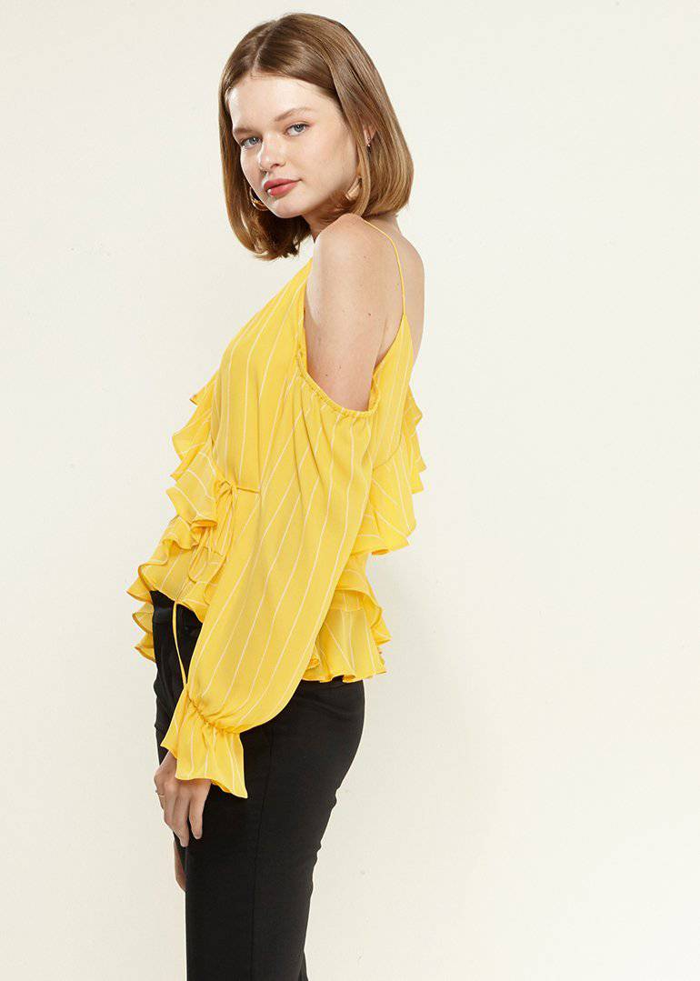 Women's Asymmetrical Shoulder Ruffle Blouse in Yellow