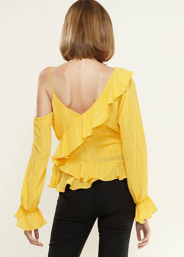 Women's Asymmetrical Shoulder Ruffle Blouse in Yellow