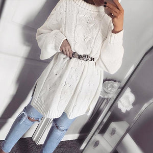 A-line stylish turtleneck white sweater dress long sleeve