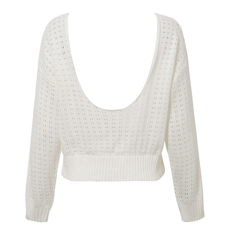 Knitted hollow out o neck pullover Women backless long sleeve