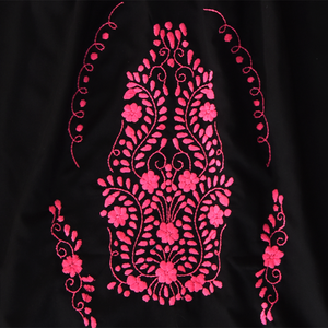 Handmade Loose Black Dress, Hot Pink Embroidery.