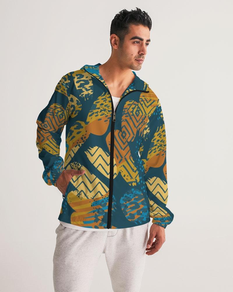 Men's Windbreaker, Blue Geometric Style Men's Hooded Jacket