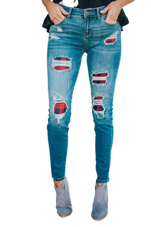 Fashion Red Plaid Patch Destroyed Skinny Jeans