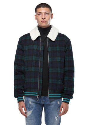 Konus Men's Wool Blend Plaid Jacket with Sherpa Collar in Green