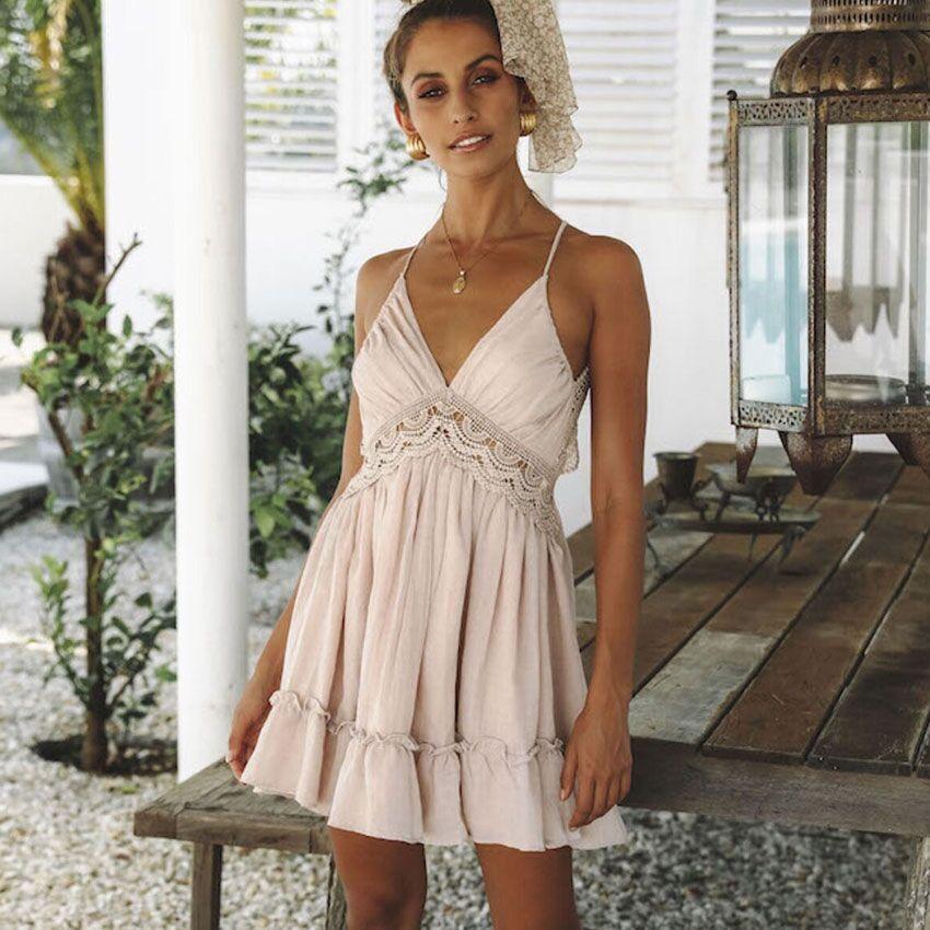 Elegant V-Neck Spaghetti Strap Backless Floral Lace Mini Dress