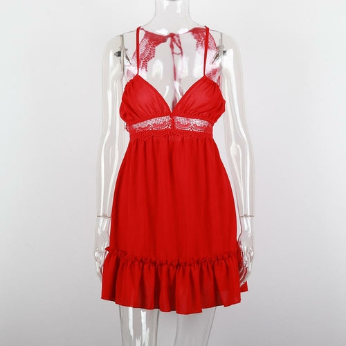 Elegant V-Neck Spaghetti Strap Backless Floral Lace Mini Dress