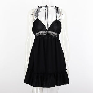 Elegant V-Neck Spaghetti Strap Backless Floral Lace Mini Dress
