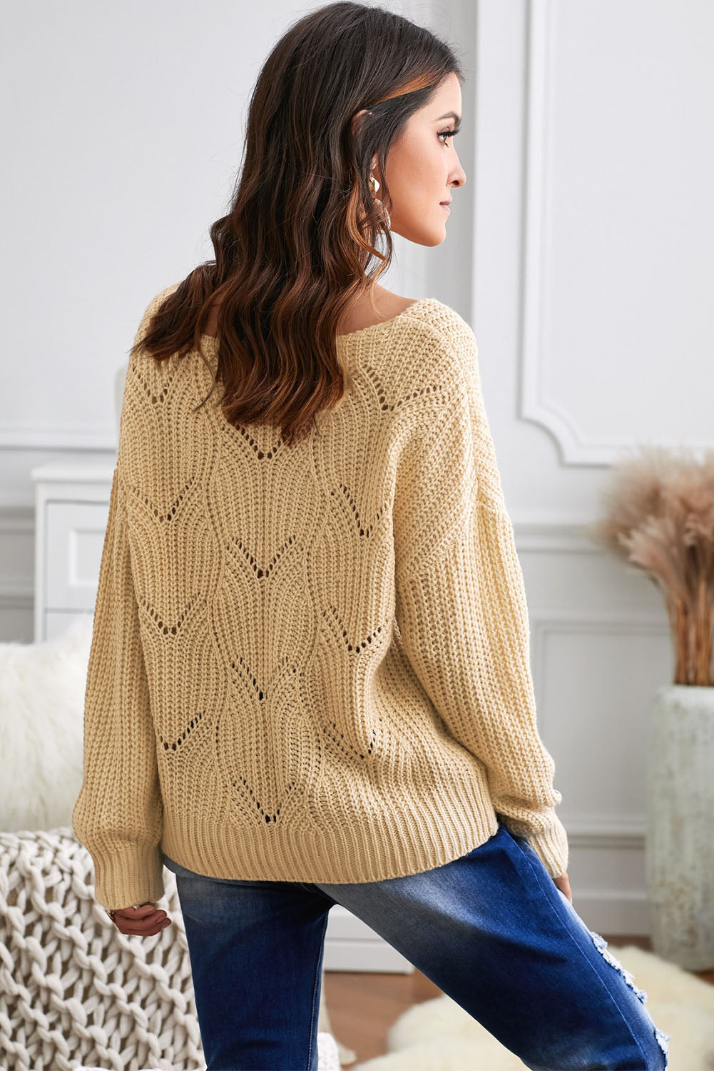 Khaki Hollow-out Round Neck Knitted Sweater