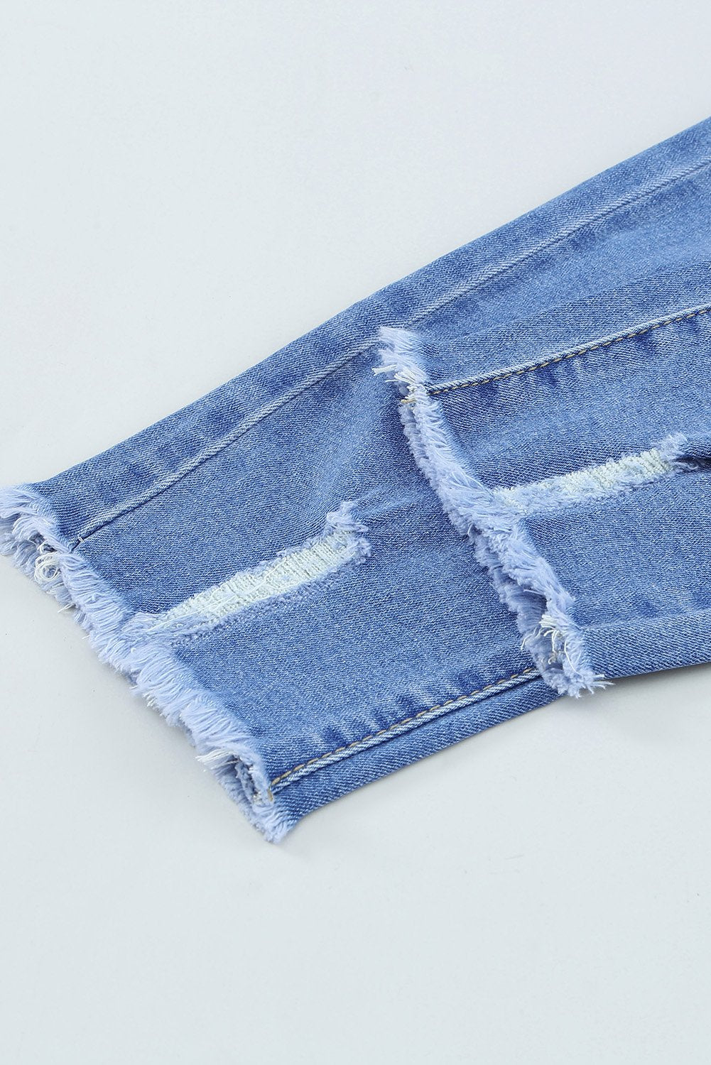 Fashion Sky Blue Drawstring Elastic Waist Hole Ripped Jeans