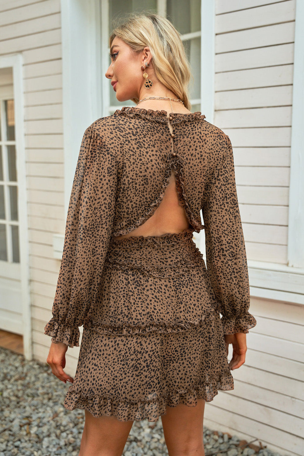 Long Sleeve Ruffle Detailing Open Back Leopard Dress