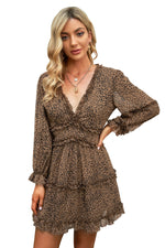 Long Sleeve Ruffle Detailing Open Back Leopard Dress