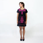 Handmade Loose Black Dress, Hot Pink Embroidery.