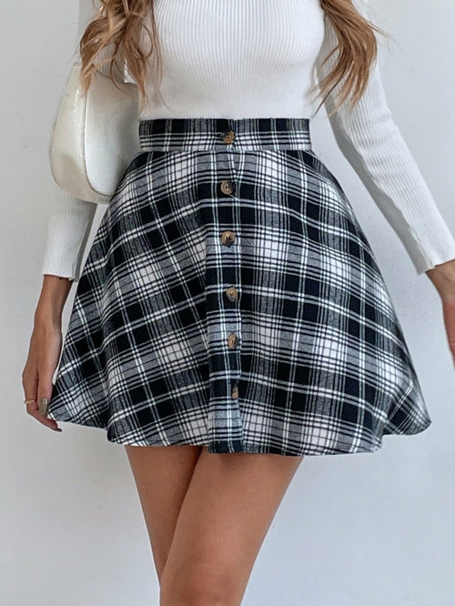 Women's Button Closure A-Line High Waisted Flared Mini Short Skirt
