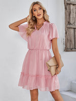 V-neck Solid Dress with Ruffled Hem