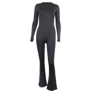 Round Neck Long Sleeve Backless Flared Jumpsuit
