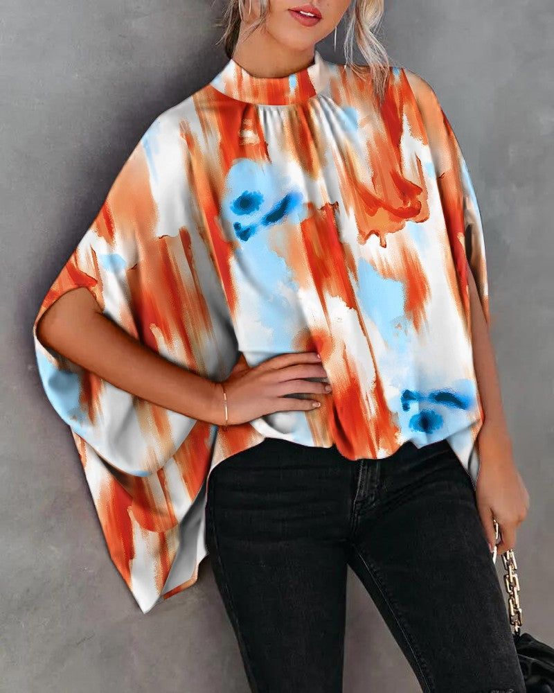 Summer Casual Fashion Print Split Batwing Sleeve Top
