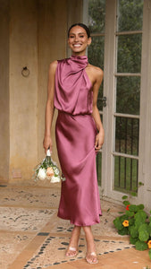 Sleeveless Satin Halterneck Solid Color Women's Dress