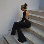 Round Neck Long Sleeve Backless Flared Jumpsuit