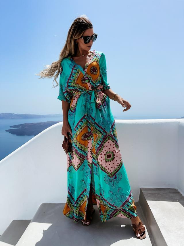 Boho Beach Dress V-Neck High Slit Long Dress