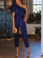 Sexy Skew Collar Backless Party Jumpsuit Double Ruffles Playsuit