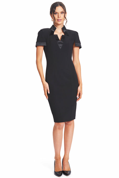 Top Notch Dress - Notch neck high collar sheath dress with contrast