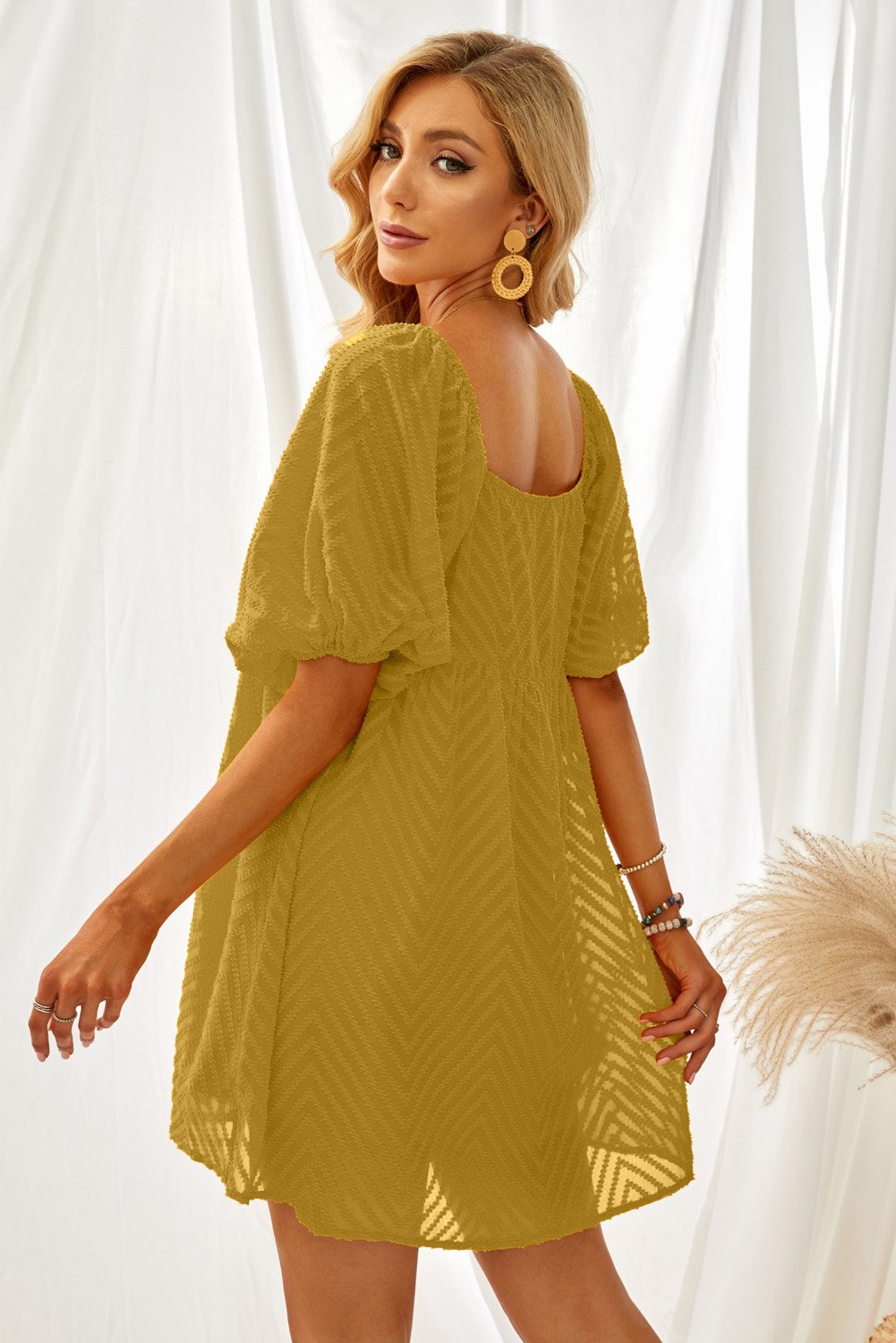 Summer Yellow Square Neck Puff Sleeve Babydoll Mini Dress