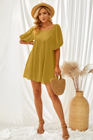 Summer Yellow Square Neck Puff Sleeve Babydoll Mini Dress