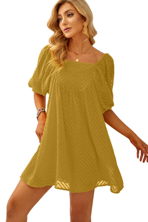 Summer Yellow Square Neck Puff Sleeve Babydoll Mini Dress