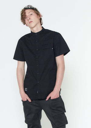 Konus Men's Short Sleeve Band Collar Panel Shirt in Black
