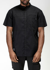Konus Men's Short Sleeve Band Collar Panel Shirt in Black