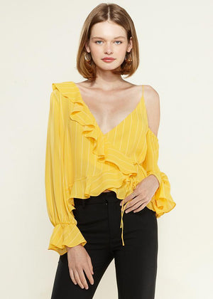 Women's Asymmetrical Shoulder Ruffle Blouse in Yellow