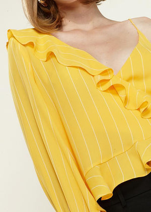 Women's Asymmetrical Shoulder Ruffle Blouse in Yellow