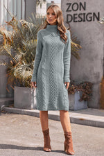 Winter Gray Hand Knitted High Neck Sweater Dress