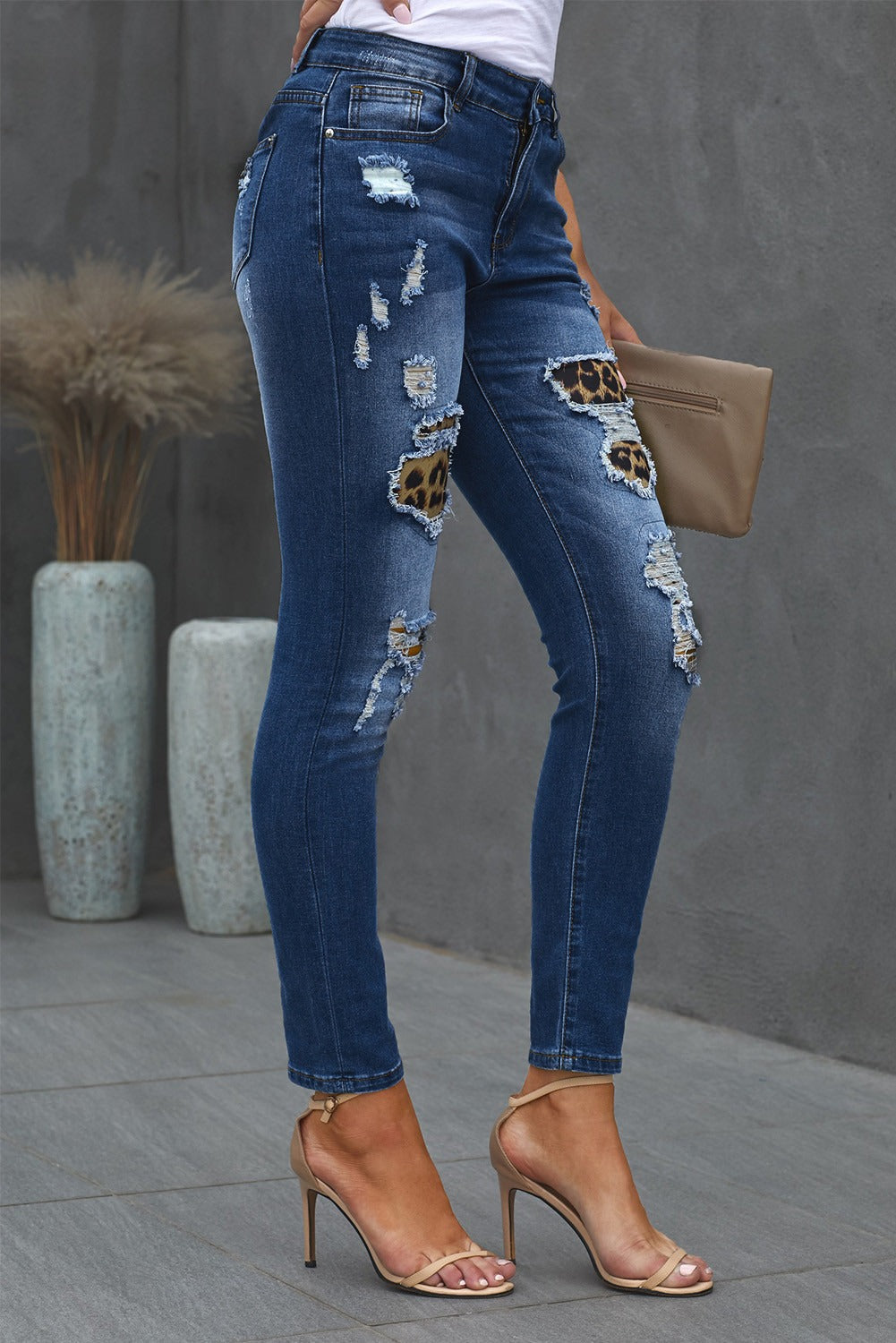 Fashion Blue Patches Of Leopard Denim Distressed Jeans