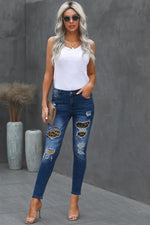 Fashion Blue Patches Of Leopard Denim Distressed Jeans