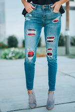 Fashion Red Plaid Patch Destroyed Skinny Jeans