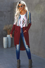 Red Tribal Printed Open Front Pockets Long Cardigan