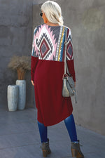 Red Tribal Printed Open Front Pockets Long Cardigan