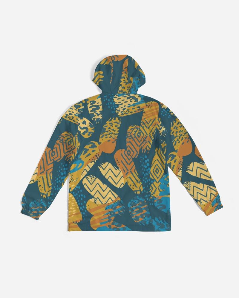 Men's Windbreaker, Blue Geometric Style Men's Hooded Jacket