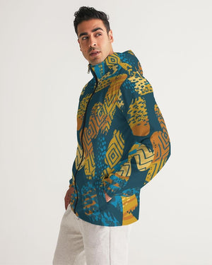 Men's Windbreaker, Blue Geometric Style Men's Hooded Jacket