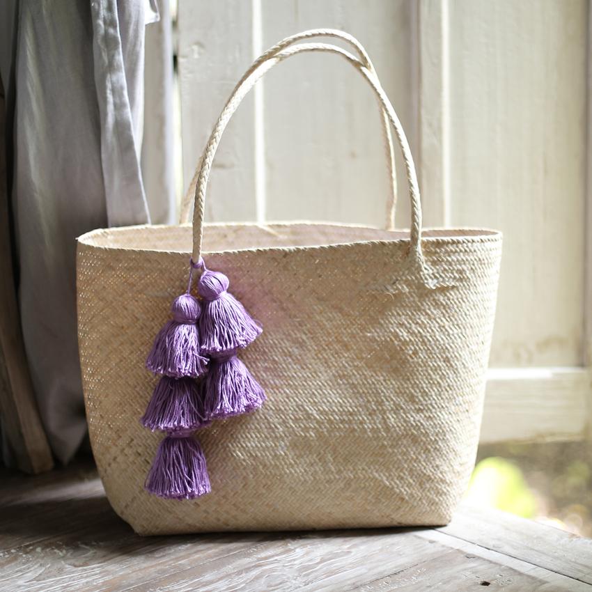 Beautiful Straw Tote Bag - with Purple Tassels