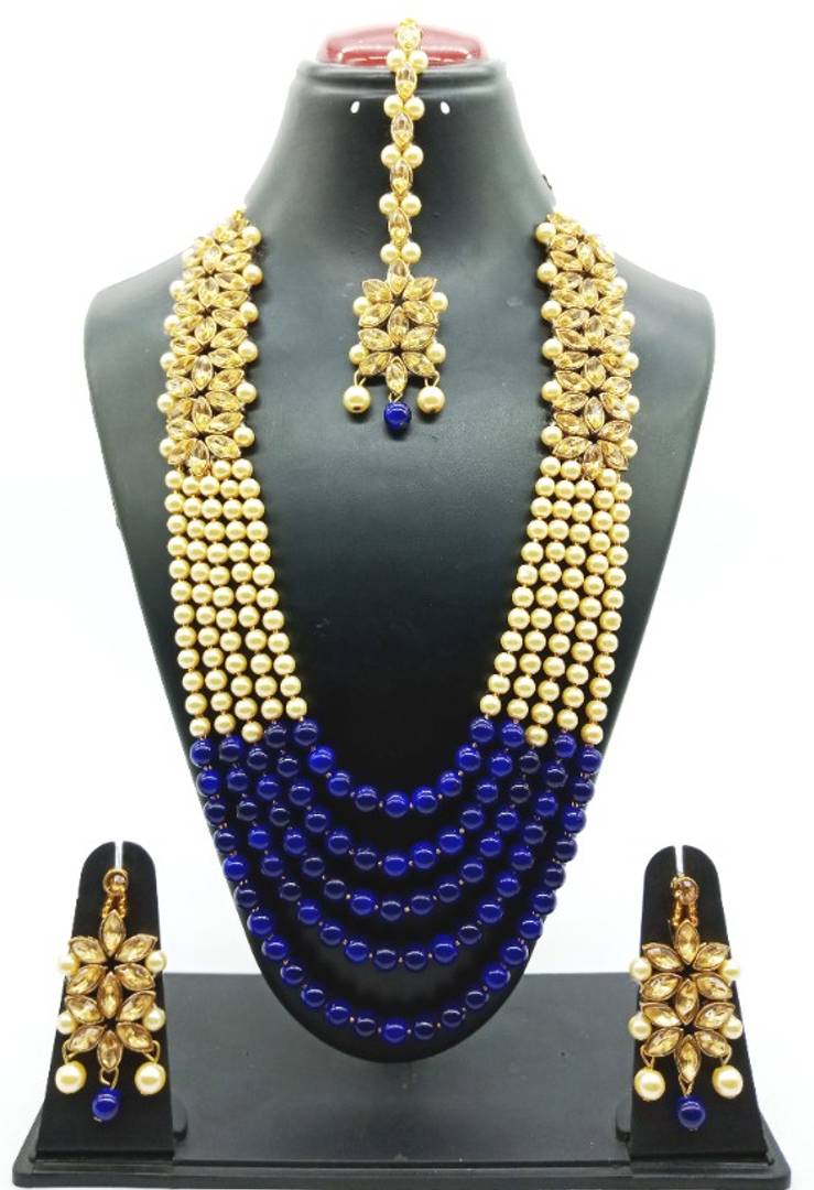 Trendy Pearl Long Multi Necklace with Earring and Mangtika for Women