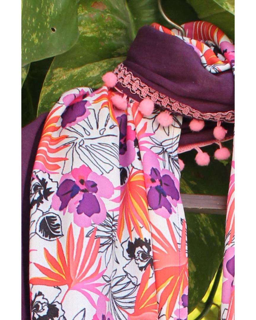 Women's Tropical Print Purple Khadi Dupatta or Stole