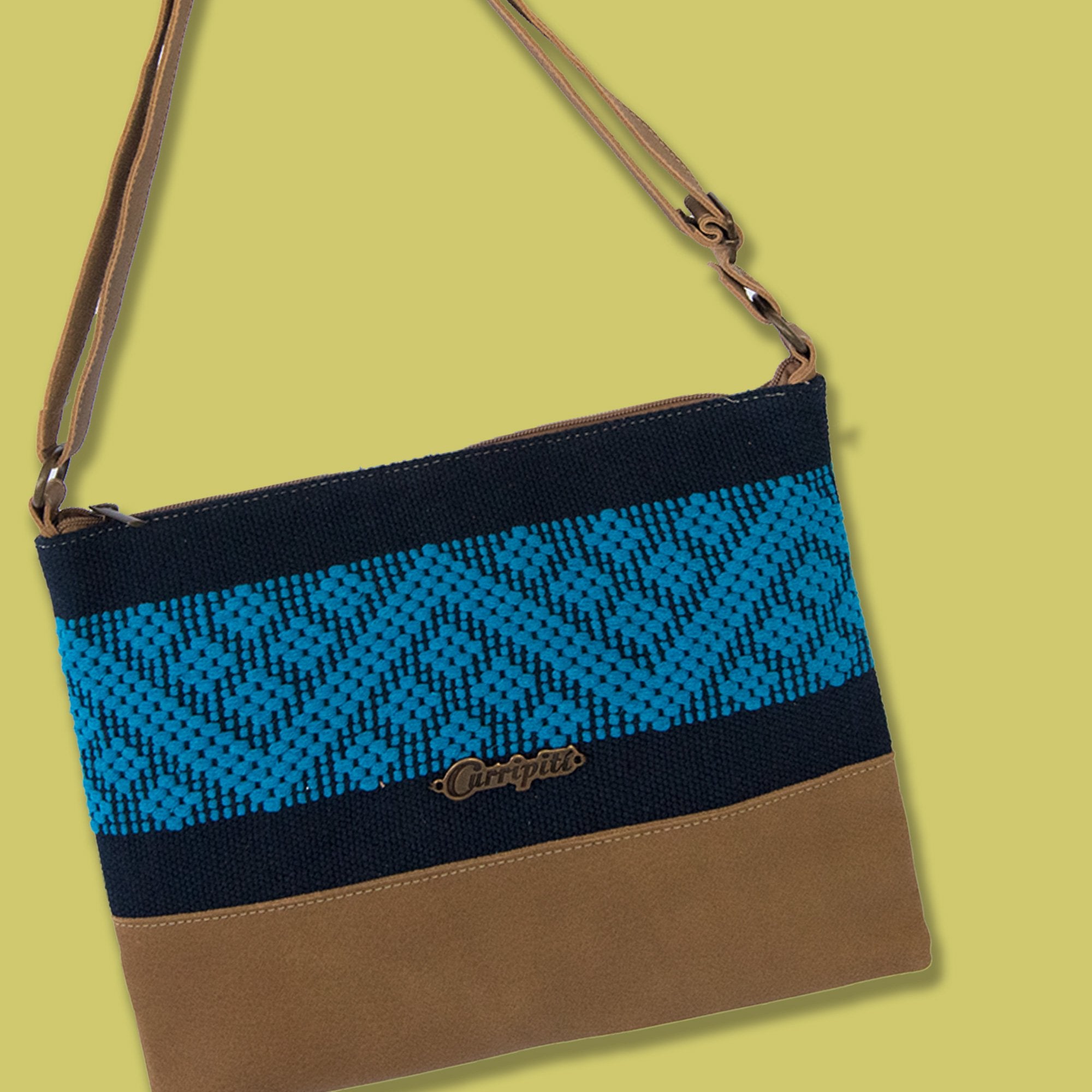 Cross-Body Bag in Camel Leather with Blue Stripe.