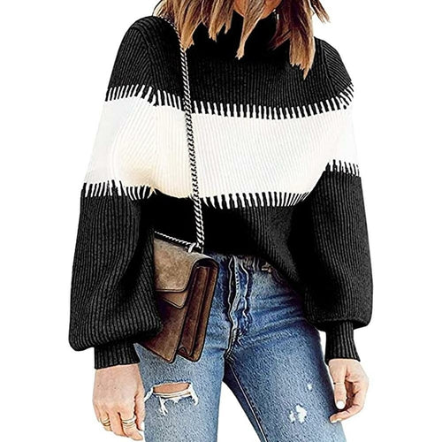 Hit Color Patchwork Women Long Sleeve Sweater