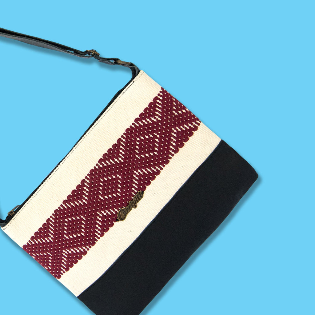 Cross-Body Bag in Black Leather with Burgundy Stripe.
