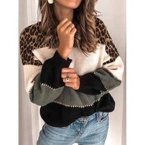 Patchwork Leopard Printed Pullover Sweater
