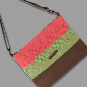 Cross-Body Bag in Brown Leather with Coral and Green Stripe